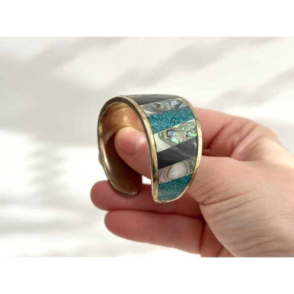 Abalone & Turquoise Hecho De Mexico Gold T Alpaca Silver Vintage Cuff Bracelet - Picture 16 of 16